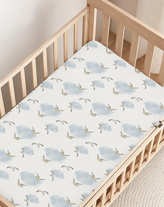 Pack and Play Sheets 2 Pack, Fitted Jersey Knit Mini Crib Sheets for Baby Boys and Girls, Compatible with Graco Pack N Play and Mini Crib Mattress (Sailing Waves, Pack N Play/Mini Crib Sheets)