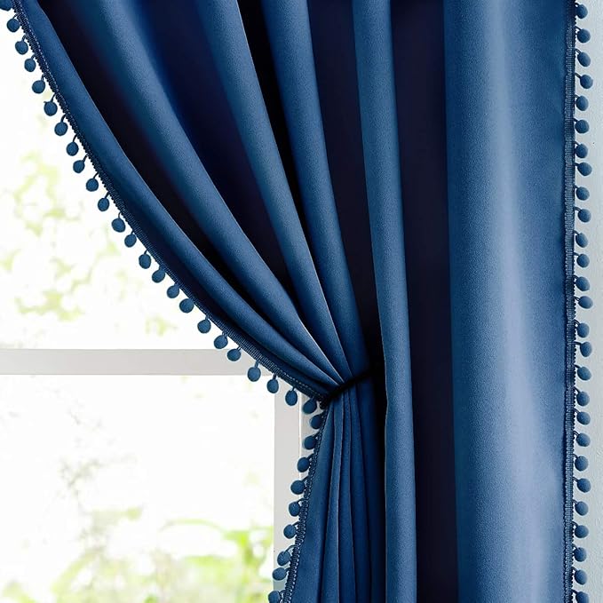 Pom Pom Curtains 90" Navy Royal Blue Blackout Curtains Bedroom Windows Drapes Triple Weave Thermal Insulated Curtain Panels for Men Boys Nursery Room Studio Hotel 52"w x2 Panels Rod Pocket
