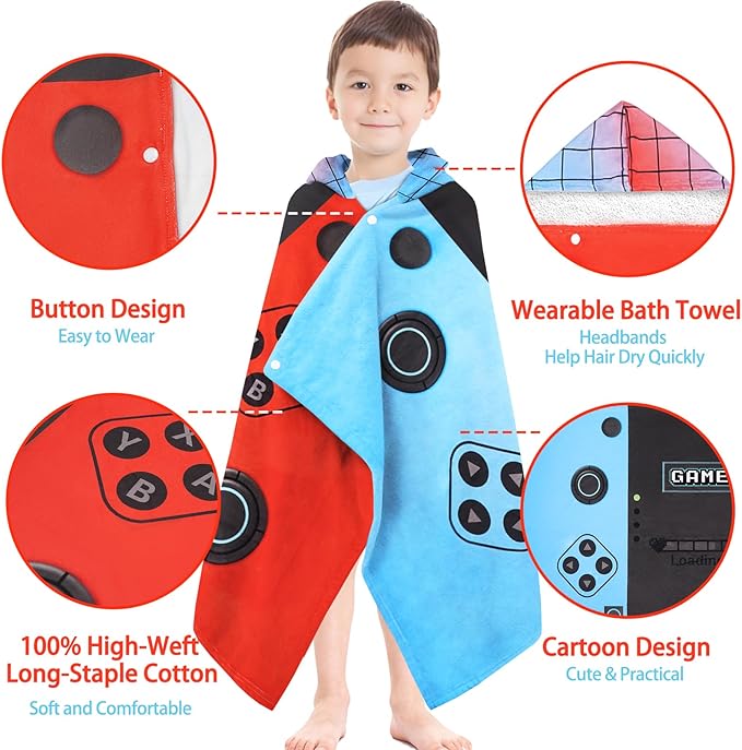 Hooded Towels for Kids- Ultra Soft 100% Cotton Video Game Gamepad Toddler Hood Bath Towels/Pool Terry Towel Beach Poncho Wrap Absorbent Cute Bath & Swim Wrap for Boys & Girls 3-10 Years