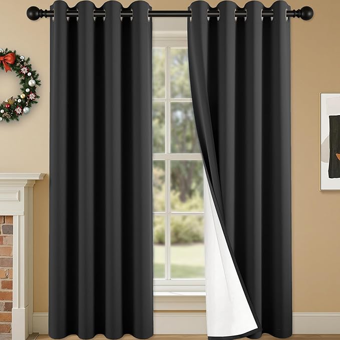 100% Blackout Curtains 108 Inch Length for Bedroom Living Room, Grommet Thermal Insulated Room Darkening Drapes, Light Blocking Window Treatment Decor, 2 Panels, 54x108, Black