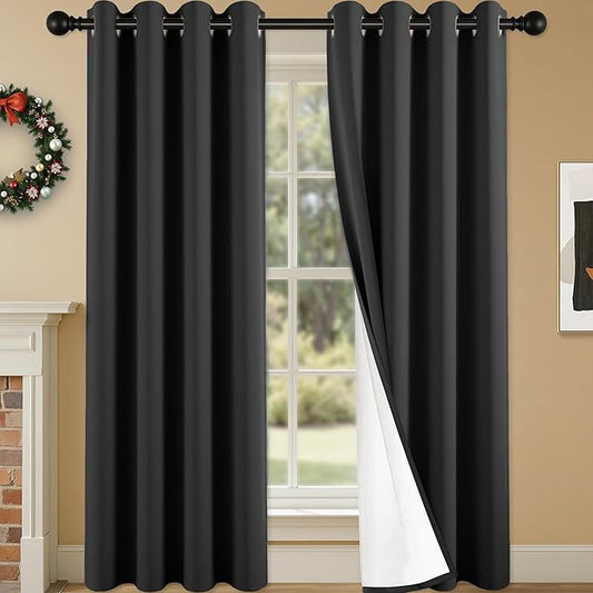 100% Blackout Curtains 108 Inch Length for Bedroom Living Room, Grommet Thermal Insulated Room Darkening Drapes, Light Blocking Window Treatment Decor, 2 Panels, 54x108, Black