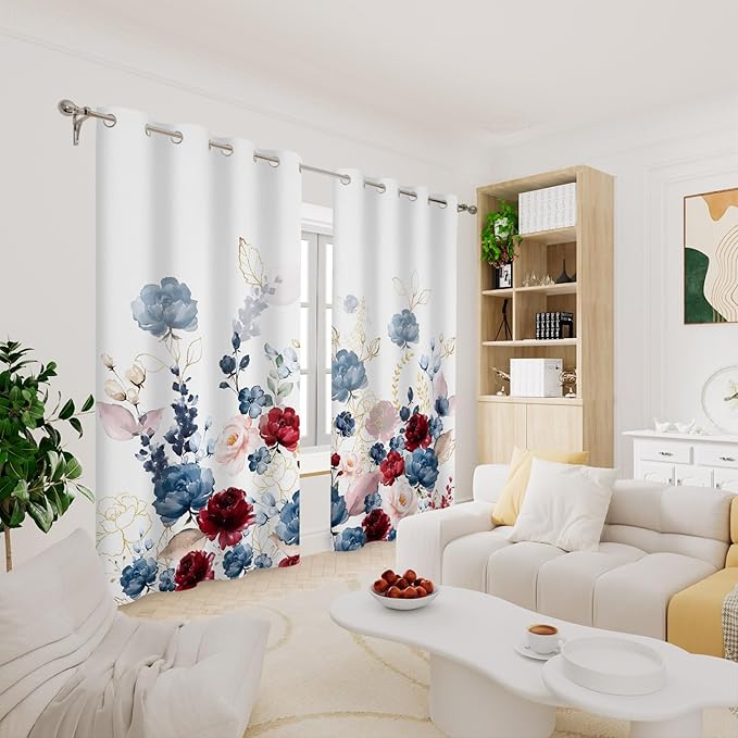 Renaiss Floral Blackout Curtains Watercolor Gray Blue and Red Peony Flower Bloossom Thermal Insulated Window Drapes for Bedroom 53W x 63L inches 2 Panel Set Window Curtains for Living Room