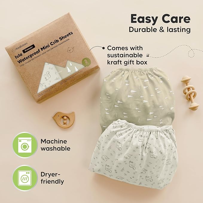 2-Pack Waterproof Pack and Play Sheets, Mini Crib Sheets Fitted for Boy, Girl - 38 x 26 Viscose from Bamboo Pack N Play Mattress Sheets for Graco, Toddler Playard Baby Crib Sheets Neutral(Pine Grove)