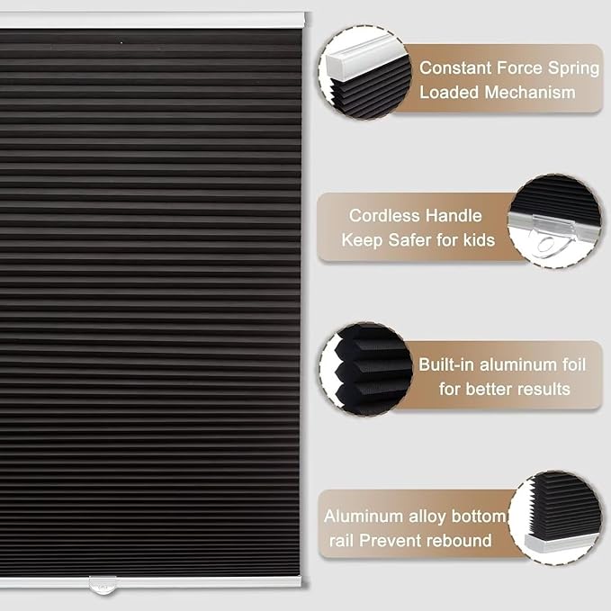 MYshade Cordless Blackout Cellular Shades, 1.5" Honeycomb Window Blinds for Bedroom & Nursery, Thermal Insulated, Noise Reducing, Privacy Shades, Inside or Outside Mount (42" W x 72" H, Black)