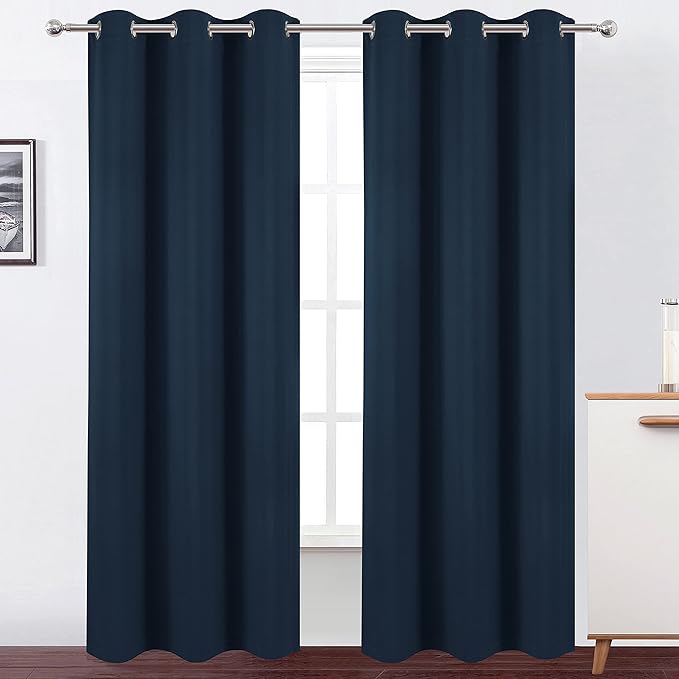 LEMOMO 100% Blackout Curtains 40 x 84 Inch/Navy Blue Curtains 2 Panels with Black Lining Room Darkening Thermal Insulated Bedroom Curtains
