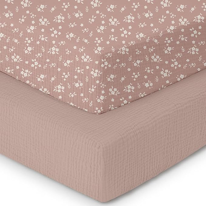 Muslin Crib Sheets–100% Organic Cotton Baby Sheets for Boys & Girls,2 Pack Muslin Mini Crib Sheets for Toddler Mattress,Breathable Crib Mattress Sheets 28''x52''(Flower)