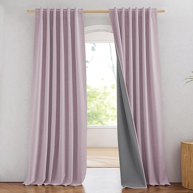 NICETOWN Pink Vintage Linen 100% Blackout Curtains for Living Room, 52" Wide Per Panel, Set of 2, Thermal Insulated Curtains 90" Long, Noise Reducing Window Treatment Drapes for Hall Room