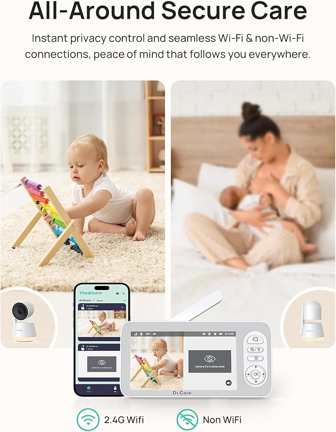 Dr.Care 5" Smart WiFi Baby Monitor - 1080P Split Screen & 2K Camera，Privacy Mode, Multi-User, 5000mAh Removable Battery, RGB Night Light, Cry & Motion Alerts, App Control, HD Night Vision