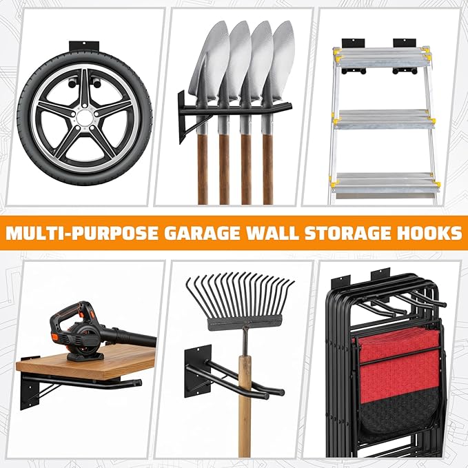4 Pack Garage Storage Hooks with Support Rods, Heavy Duty Wall Mount Tool Organizer, Chair Hanger Garage Storage Utility Hooks for Car Tires, Ladders, Strollers, Power Tools, Garden Tools