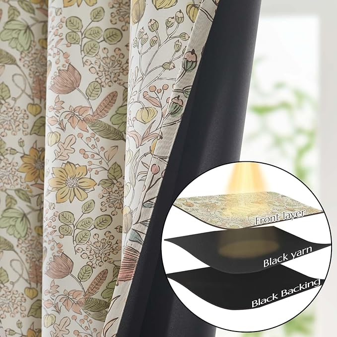 Vangao Yellow Nursery Curtains for Girls Room Easter Floral 100% Blackout Curtains 96 Inch Length Farmhouse Drapes for Bedroom Room Darkening Window Flower Patterned Treatment for Kids Set of 2