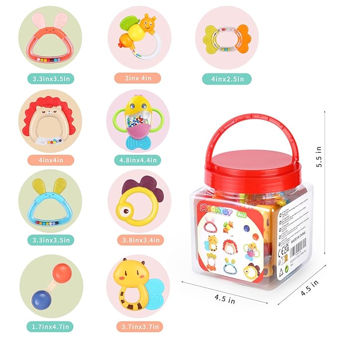 MOONTOY 9pcs Baby Rattles 3-6 Months, Infant Teething Toys 3-6 Months, Teethers Baby Toys 6-12 Months Sensory Toys for Babies 3 4 5 6 7 9 10 Month Boy Girl Gifts