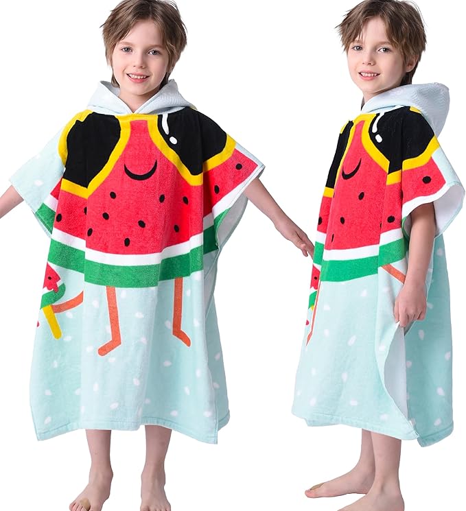 VOOVA & MOVAS Kids Beach Towels with Hood (4-8Years,28"X58") Super Absorbent Soft Cotton Bath | Pool Poncho Towel for Boys and Girls, Perfect for Summer | Swim | Gifts, Watermelon