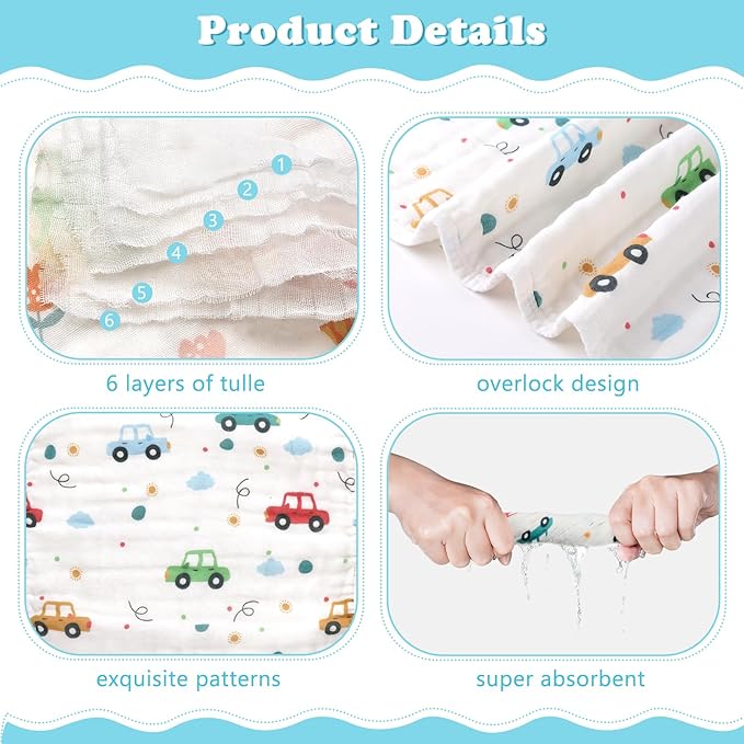 decalsweet Baby Burp Cloths Muslin Washcloths 6 Pack Muslin Burp Cloths 100% Cotton Large 20''x12'' Soft 6 Layers Baby Burp Rags for Boys Girls Baby Essentials for Newborn Gift Machine Washable