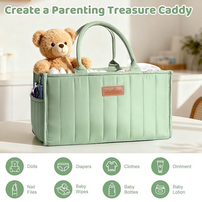 Zooawa Baby Diaper Caddy Organizer, Portable Nursery Storage Basket with Compartments, Handle & Shoulder Strap for Newborn Baby Essentials, Gift for Baby Shower, Nursery, Travel, Car, Matcha Green