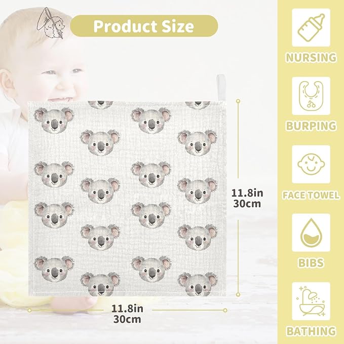 vvfelixl Cartoon Koala Bear Face Baby Burp Cloths Baby Muslin Washcloths for Boys Girls Cotton Babys Face Towel for Newborn Infants Soft and Absorbent 11.8 X 11.8 in, 5 Pack
