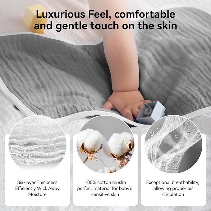 Synrroe Burp Cloths Large, Muslin Burp Cloths for Baby Girls and Boys, Pack of 10 Extra Absorbent and Soft Muslin, 6 Layers 20 by 10 Inches 100% Cotton (Blue-Grey 10 Pack)