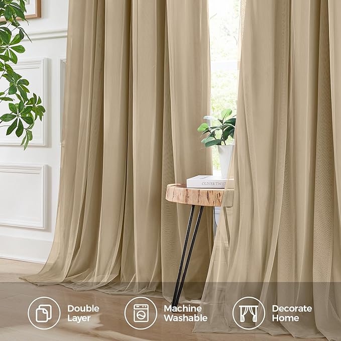 100% Blackout Curtains for Bedroom, Double Layer Khaki Curtains, Black Out Curtain 108 inch long With Sheer Overlay for Living Room, Room Darkening Window Drapes with Grommet, 52"W x 108"L