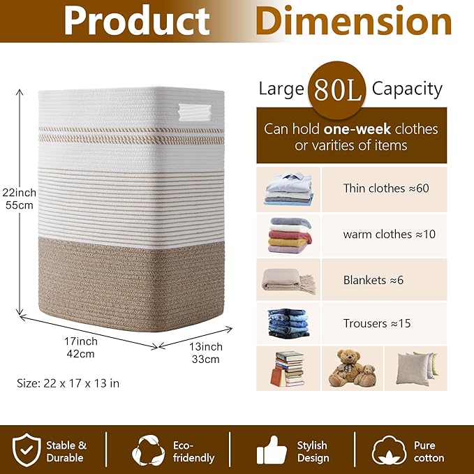 Laundry Basket, Large Woven Rope Tall Laundry Basket with Handles, Decorative Storage Basket for Clothes and Blankets in Living room, Bedroom