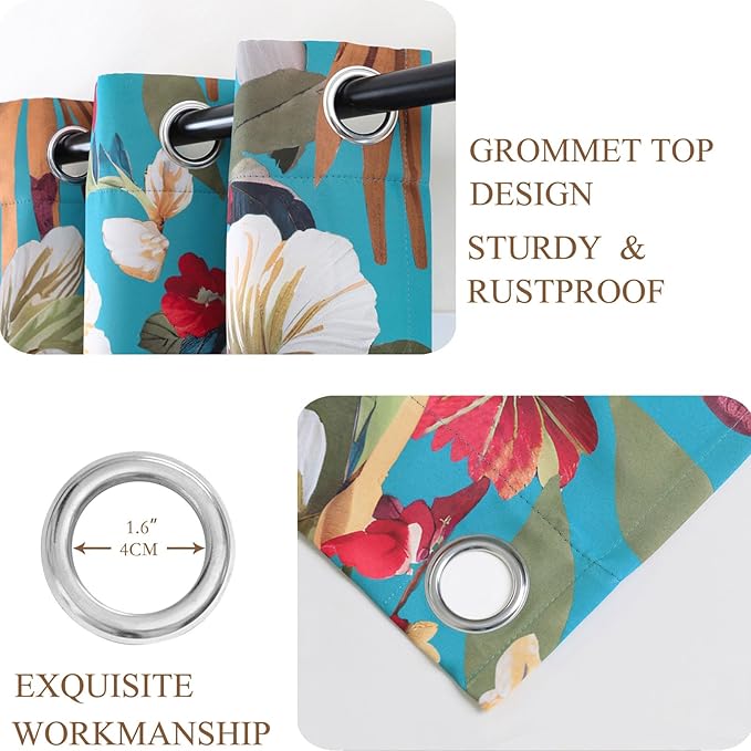 L.Z.E Teal Floral Curtains for Bedroom Turquoise Blackout Patterned Curtains 72 Inch Long 85% Room Darkening Drapes for Living Room Thermal Grommet Top 2 Panels Set Retro Boho Short