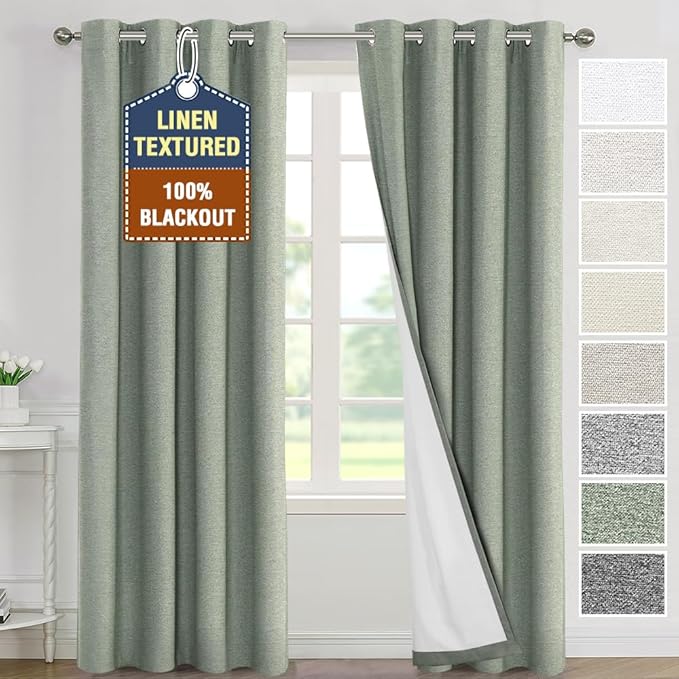 H.VERSAILTEX 100% Blackout Curtains for Bedroom Thermal Insulated Linen Textured Curtains Full Light Blocking Drapes Living Room Curtains 2 Panel Sets, 52x108 Inch, Heather Sea Foam(Not Solid)