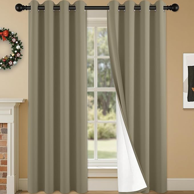 100% Blackout Curtains 108 Inch Length for Bedroom Living Room, Grommet Thermal Insulated Room Darkening Drapes, Light Blocking Window Treatment Decor, 2 Panels, 54x108, Taupe