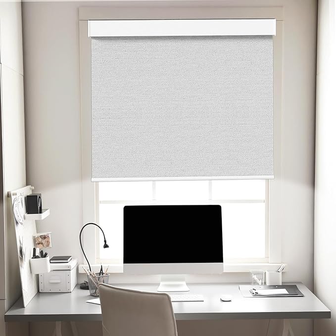 100% Blackout Roller Shades, Free-Stop Cordless Roller Blinds for Windows, Thermal Insulated Linen Fabric Window Shades UV Protection for Home, Door, White, 46" W x 72" H