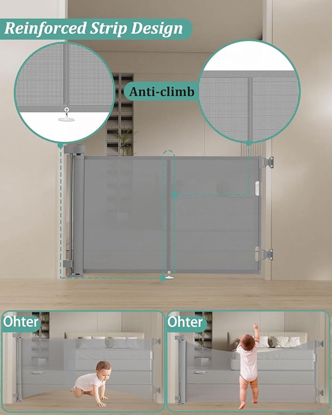 59 inch Retractable Baby Gates 34 inch Tall, Retractable Gate with Reinforced Strip Design to Prevent Crawling Through, 5 FT Retractable Dog Gate for Stairs, Doorways, Hallways, Indoor/Outdoor