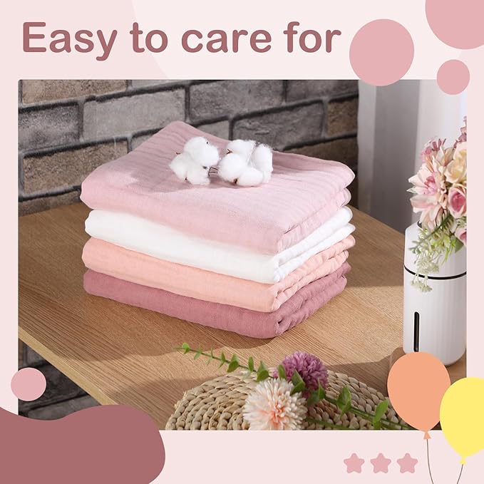 Peryiter 4 Pcs Muslin Hooded Baby Towels 32x32inch Cotton Newborn Bath Essentials Muslin Infant Blankets Absorbent Registry Baby Shower Present for Babies Girl Boy Kids (Light Pink)