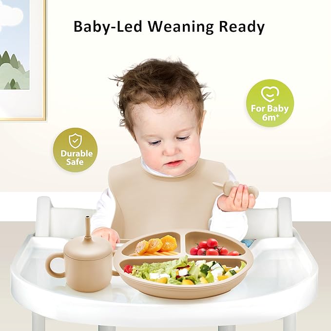 Bufims Silicone Baby Feeding Set, Baby Led Weaning Supplies, Eating Essentials Utensils with Suction Plate and Bowl, Pocket Bib, Sippy Cup with Lid, Forks Spoons Snack Container, for 6+ Months, Beige