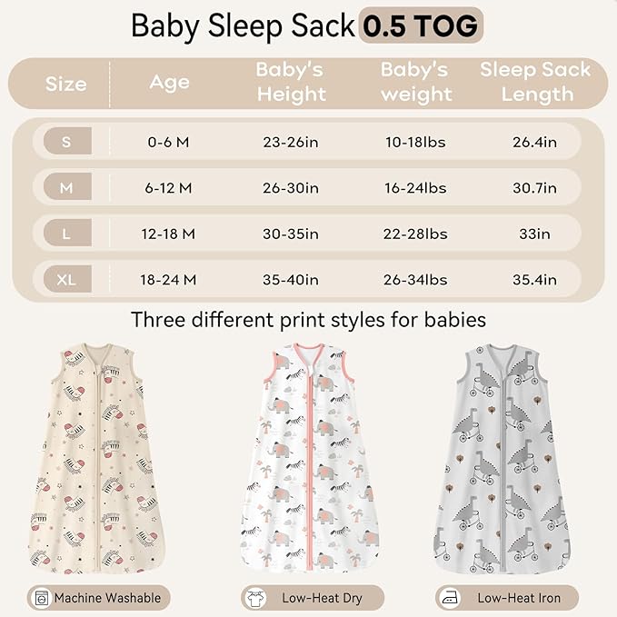 Unnivoll Baby Sleep Sack 12-18 Months 3 Pack 100% Cotton Lightweight 0.5 TOG Wearable Blanket Baby Sleep Bag with 2-Way Zipper for Newborn Infant Pink Apricot Gray Zebra
