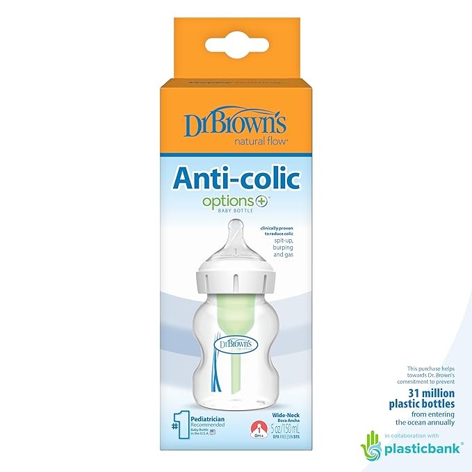 Dr. Brown's Natural Flow Anti-Colic Options+Wide-Neck Baby Bottle, 5 oz/150 mL, Level 1 Nipple, 12-Pack, 0m+