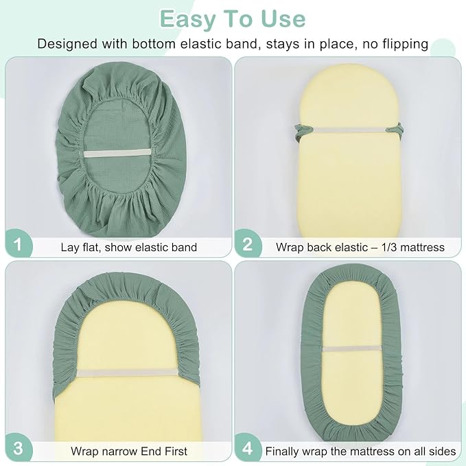 Basumee Muslin Bassinet Sheets for Baby Girl Boy 2 Pack Soft Breathable Baby Bedside Bassinet Fitted Sheets with Bottom Elastic Band 33''x17''x4'' Mattress Cover for Rectangle Oval Hourglass Bassinets