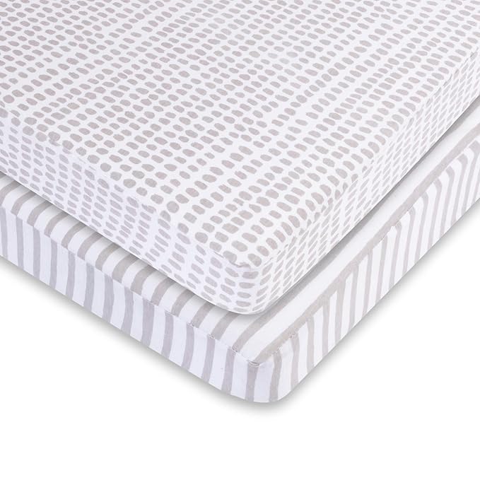 Ely’s & Co. Waterproof Pack and Play/Mini Crib Sheets – All-in-One Mattress Protector and Fitted Playard Sheets – Jersey Cotton – Grey Splash & Stripes, Gender Neutral Nursery Bedding – 2-Pack