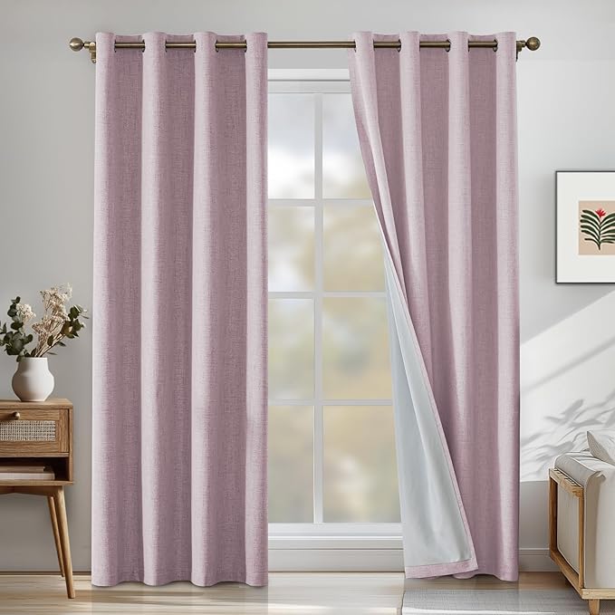 Linen 100% Blackout Curtains for Bedroom, Room Darkening Curtains for Living Room, 108 Inch Blackout Curtains, Extra Long Curtain Grommets Drapes, Thermal Curtains (2 Panels, Pink)