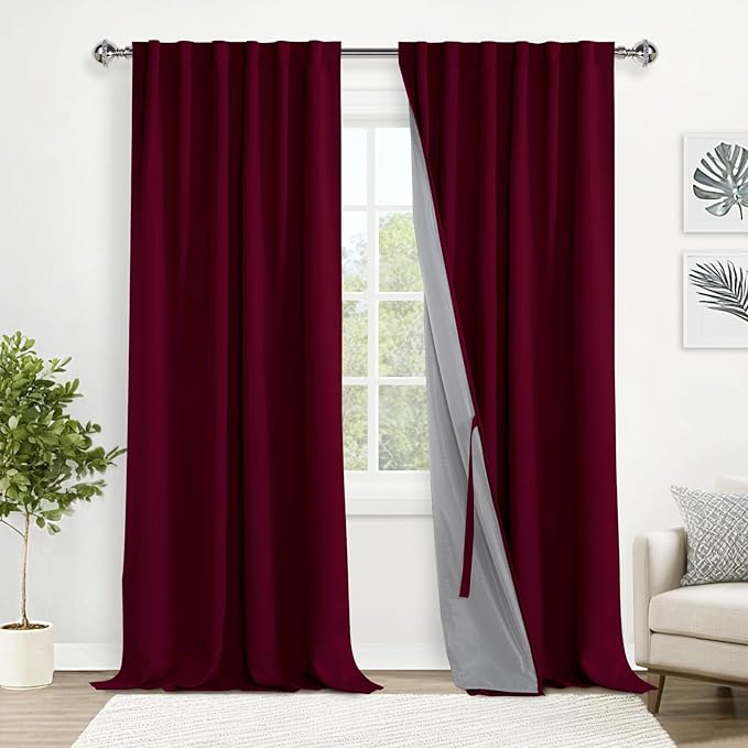 XWZO 100% Blackout Curtain Panels - Rod Pocket & Back Tab Thermal Insulated, Noise Reducing and Heat Blocking Drapes for Hall and Studio Windows with Tiebacks, Burgundy, W52 x L108, Set of 2