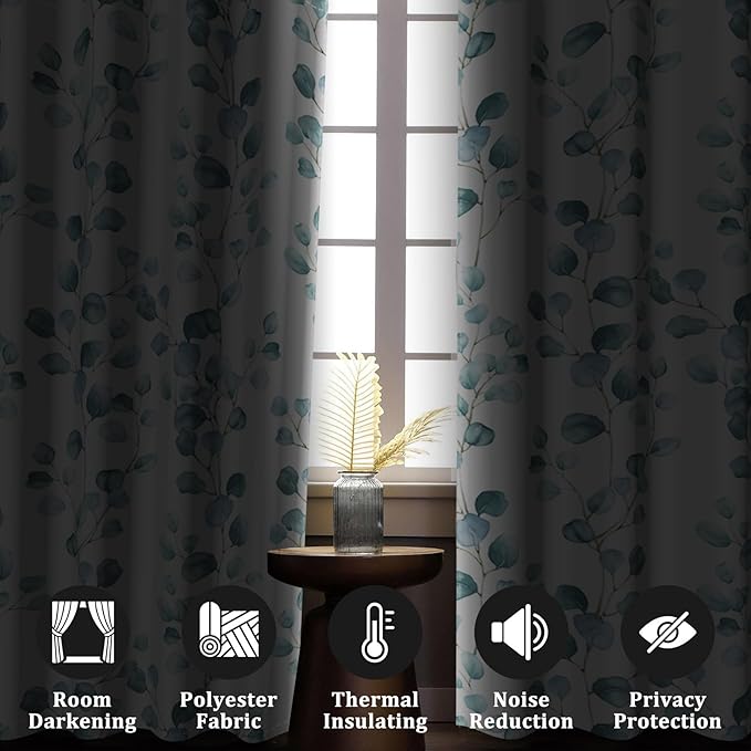 Renaiss Eucalyptus Leaf Curtains Green Eucalyptus Print Blackout Window Drapes for Bedroom Botanical Grommet Top Thermal Insulated Window Curtains for Living Room 42W x 63L 2 Panel Set
