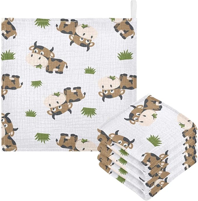 vvfelixl Cotton Brown Cow Grass Muslin Washcloths - Soft Baby Face Towel for Newborn Infants, 11.8 X 11.8 Inch, 5 Pack