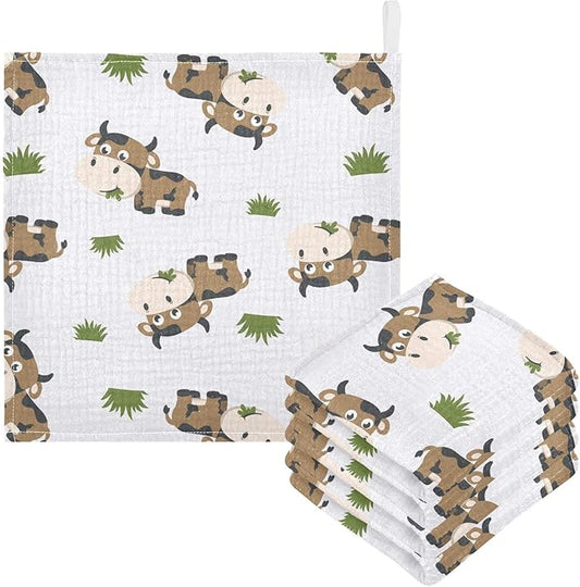 vvfelixl Cotton Brown Cow Grass Muslin Washcloths - Soft Baby Face Towel for Newborn Infants, 11.8 X 11.8 Inch, 5 Pack
