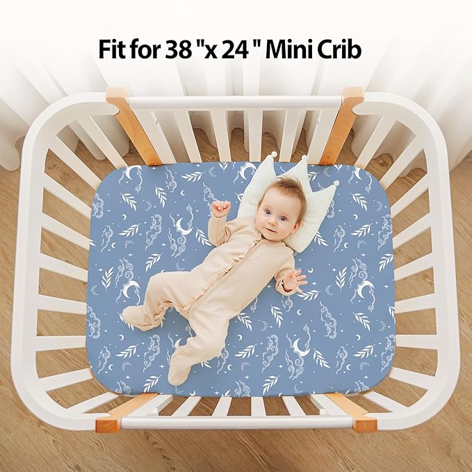Baby Mini Crib Sheets Boy, Portable 38”x26” Pack and Play Sheets Fitted for Playard and Pack N Play Mattress, 3-Pack Soft Microfiber Blue Green Starry Sky