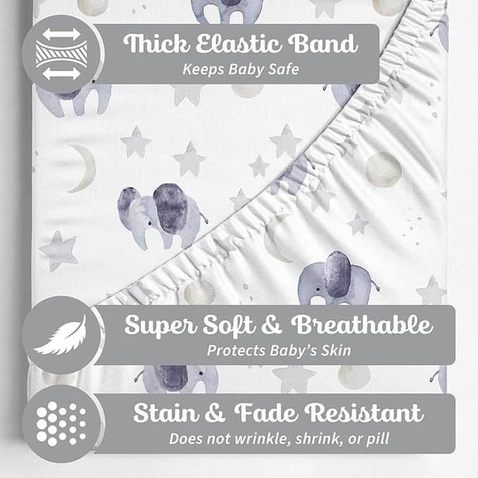 Baby Bassinet Sheets for Boy, Girl (Watercolor Elephants) 2-Pack - Fitted Bedside Bassinet Sheets - Buttery Soft Cotton Blend for Standard Mattress Pad - Compatible with Halo BassiNest