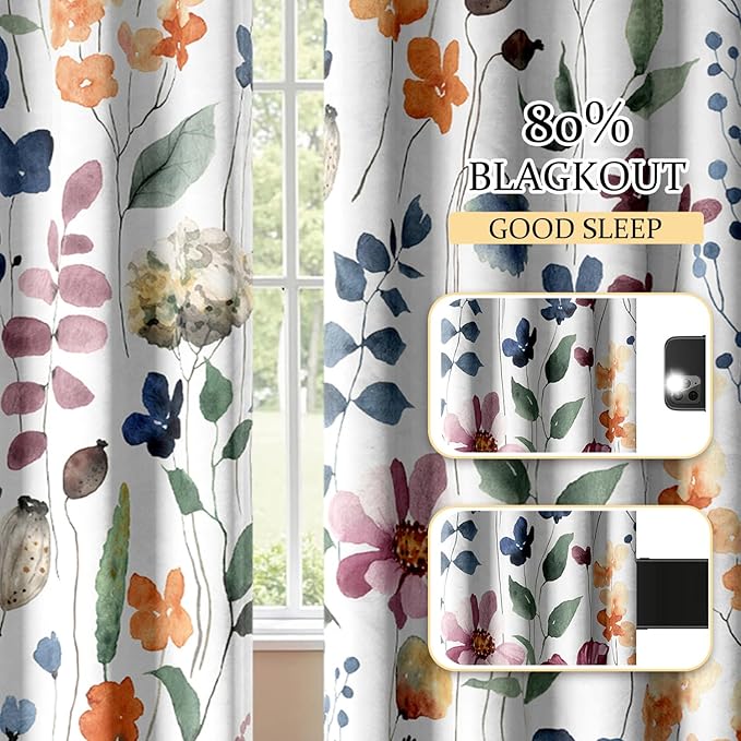 Boho Vintage Floral Blackout Curtains, Retro Watercolour Colorful Plant Leaf Flower Design Window Drapes, Living Room Bedroom Decor 2 Panels 52x63 Inch