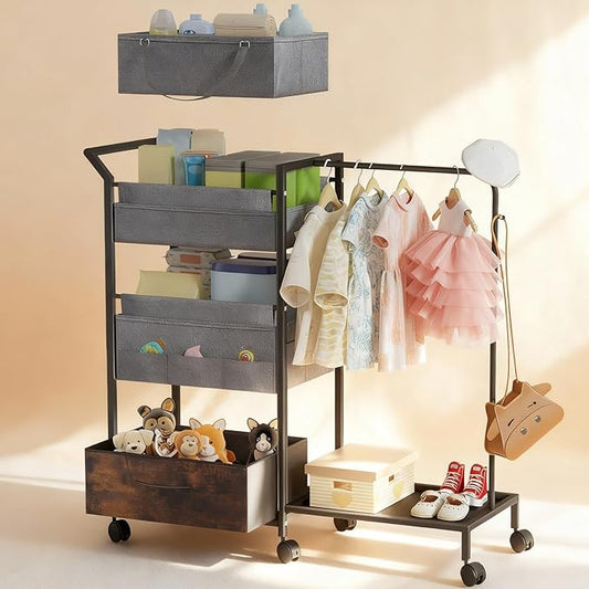Baby Diaper Caddy Organizer - 3 Tier Rolling Cart with Kids Clothing Rack, Mobile Utility Cart with Dividers and Drawers, Large Capacity Storage Cart for Bedroom, Bathroom, Grey Carts with Wheels