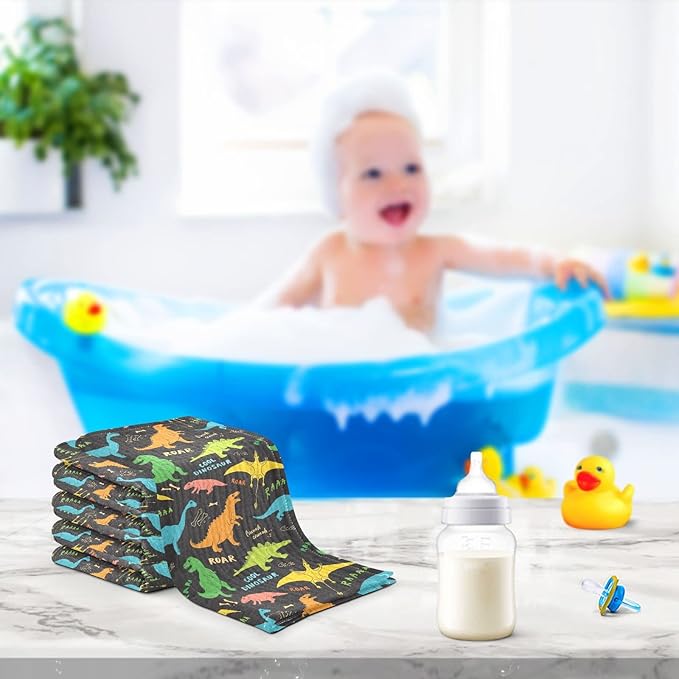 vvfelixl Baby Washcloths Cotton Colored Dino Dinosaurs Baby Muslin Washcloths Soft Baby Face Towel for Newborn Infants, 11.8 X 11.8 Inch, 3 Pack Black