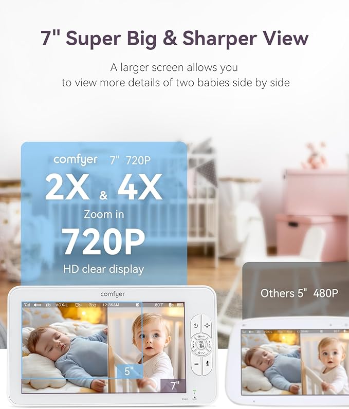 7" HD Split-Screen Baby Monitor with 2 Cameras, Video Baby Monitor with Camera and Audio, Flexible Bracket, Non-WiFi, VOX Mode, 2 Way Audio, Remote PTZ, Auto Night Vision