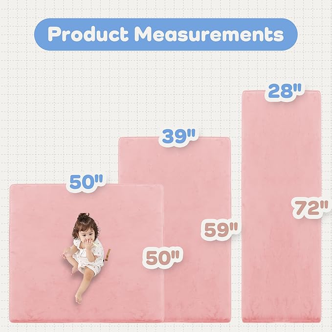1.3" Thick Baby Floor Play Mat 39x59, Basic Padded Foam Mat for Tummy Time Crawling, Non Slip Cushioned for Babies Toddlers Infants Kids (Pink)