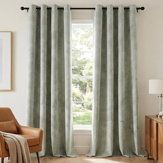 H.VERSAILTEX Velvet 100% Blackout Curtains for Living Room Full Light Blocking Curtains Thermal Insulated Room Window Drapes Soft Luxury Curtains Grommet Top 2 Panels (55" W x 96" L, Sage)