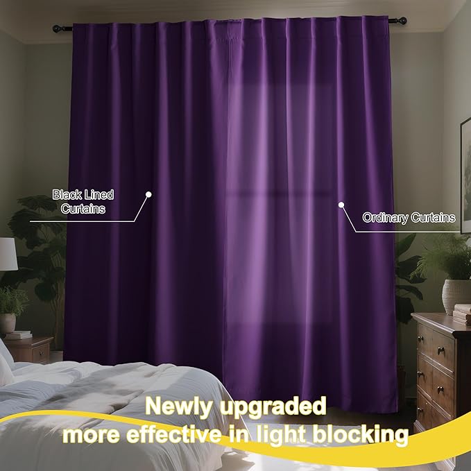 NICETOWN Royal Purple 100% Blackout Curtains for Bedroom, 52x84 Inches Set of 2 for Living Room, Privacy Protection & Noise Reducing Drapes Black Lined Insulated Window Treatment Panels