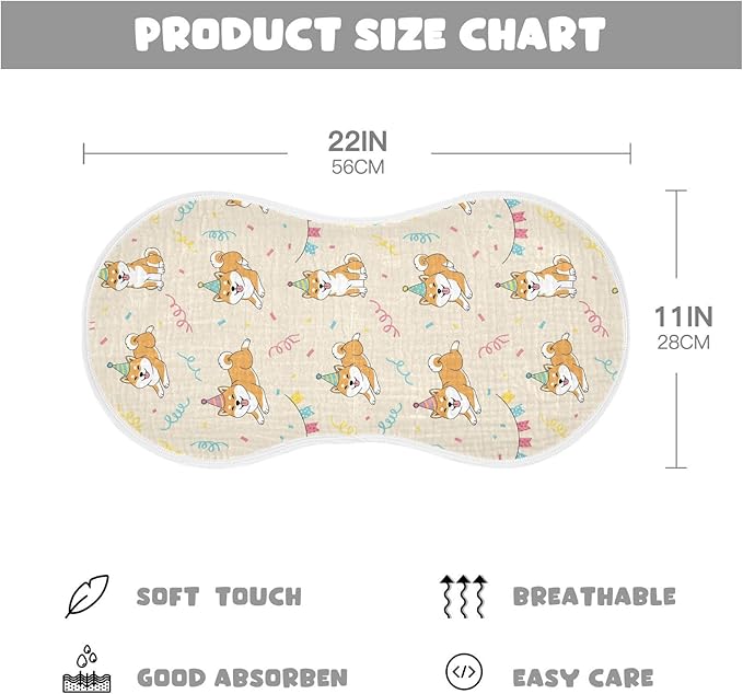 Qinllo 1 Pack Muslin Burp Cloths Shiba Dogs Party Beige Cotton Baby Burp Cloths Soft Burping Cloth Absorbent Spit Up Rags for Newborn Babies 22x11 Inch