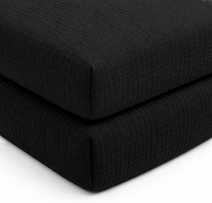 PET REJOIR 2 Pack Black Muslin Crib Sheets for Boys & Girl- Neutral Breathable Cotton Crib Mattress Sheets Fitted for Standard 28"x 52"- Nursery Décor No Slip Crib Bed Sheets