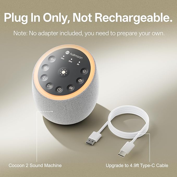 Hotmoon Sound Machine for Sleep, Cocoon 2 White Noise Sound Machine with 40 Non-Looping Sounds, Dual-Speaker & Timer, 8 Night Light, Pink Brown Green Noise for Sleeping Adults, Office Privacy, Plug-in